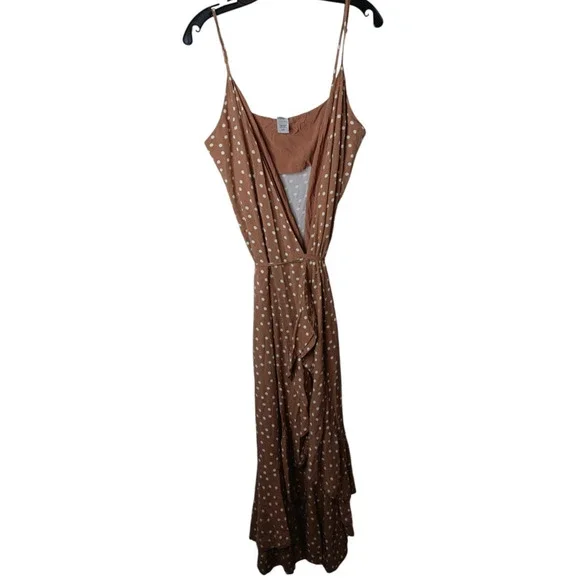 L*Space Brown White Polka Dot Maxi Dress L Large Spaghetti Strap Wrap - Picture 2 of 16